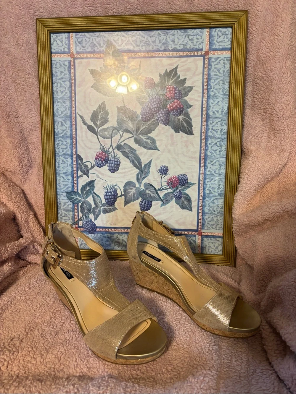 Alex Marie Shimmery Tan Wedge Sandals with Ankle Strap
